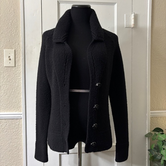 Anthropologie Moth Black Knit Wide Collar Form Fitting Sweater Jacket Cardigan - Picture 4 of 14